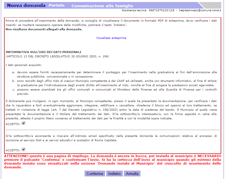 Nella parte bassa della pagina della funzionalità sono sempre visibili le due voci: Invia al Municipio e Annulla.