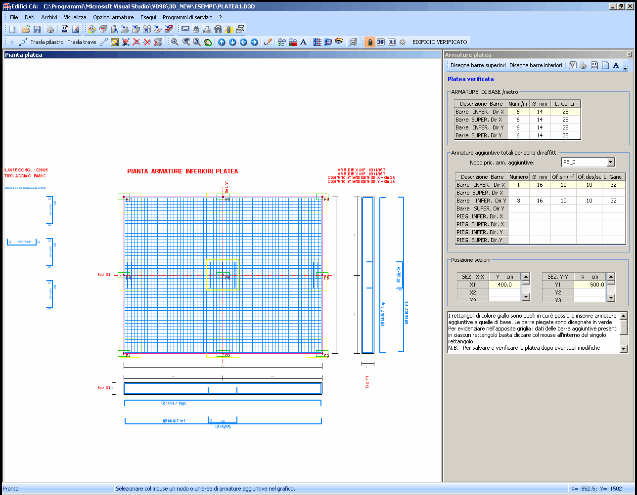 94 FONDAZIONI IN CA 2.3.6 Armature Platee Il disegno delle armature è previsto solo per platee a spessore costante e direzione delle armature parallele agli assi generali X,Y di riferimento.