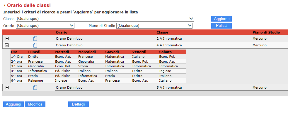 Una volta creato il periodo, andare in "Configurazione anni Orari" e cliccare su Aggiungi, selezionare il periodo e il piano di studi, comporre quindi la settimana e salvare.