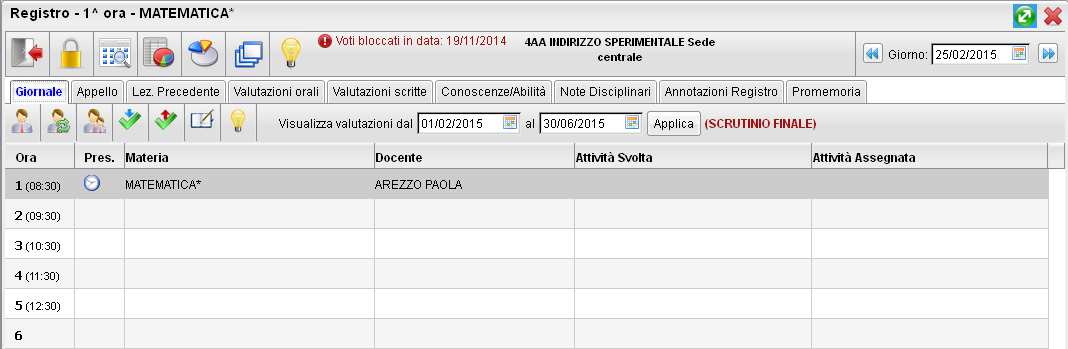 Giornale (di classe) Tramite il Giornale (di classe) il docente un quadro intuitivo ed esaustivo delle attività previste per la classe e il giorno selezionati.