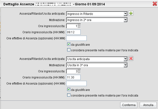 E possibile assegnare sia un ritardo, sia una uscita in permesso nello stesso giorno utilizzando il pulsante. Il programma produrrà un nuovo riquadro per l immissione dell istanza aggiuntiva.