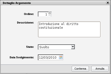 Sia nell'elenco Moduli che nell'elenco Argomenti, è presente la toolbar con i pulsanti e (modifica o cancellazione dell'elemento selezionato).