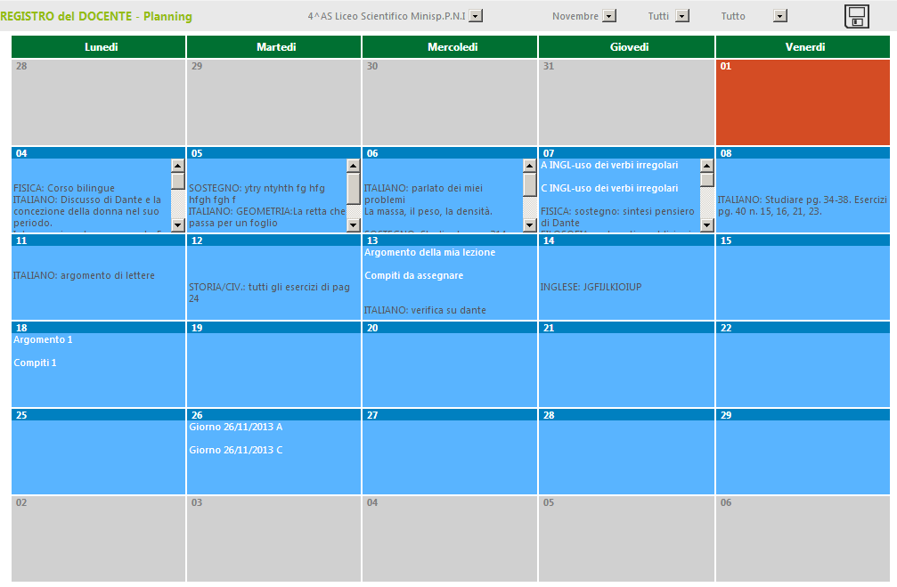 28 PLANNING Questa funzione consente al Docente di visualizzare, in una esposizione mensile, l insieme delle attività svolte da lui e dai colleghi.