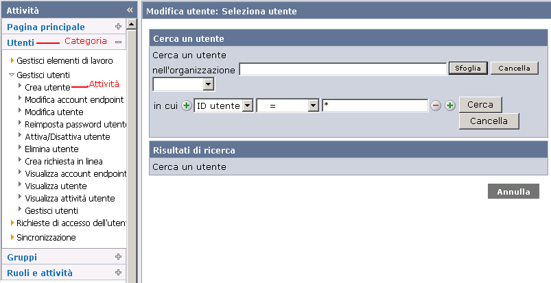 Esplorazione basata sulle attività Ad esempio, per modificare un profilo utente, selezionare la categoria Utenti, quindi scegliere l'attività Modifica utente.