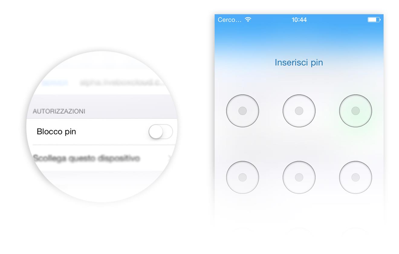 Al fine di proteggere i tuoi dati nell applicazione ios, attiva il Blocco pin.