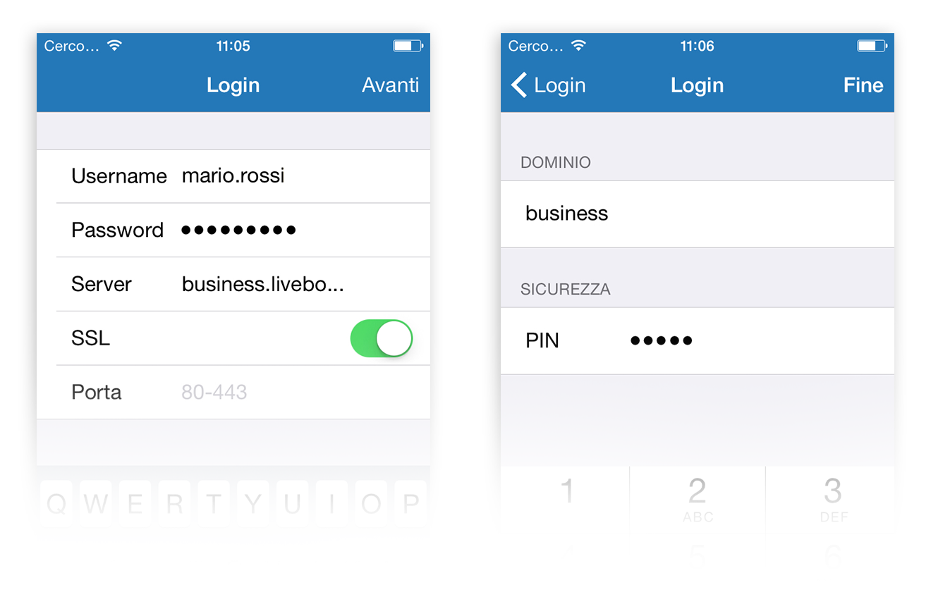 2. LOGIN Per accedere all applicazione ios di LiveBox, occorre effettuare il Login dalla pagina d accesso, inserendo Username e Password e specificare il server che verrà comunicato dall