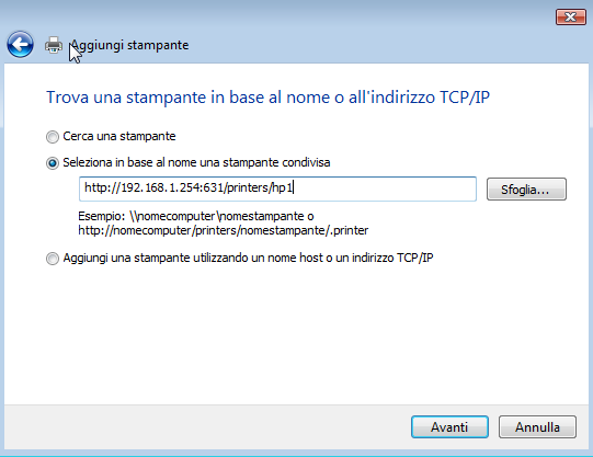 In figura si è assunto che l'indirizzo del WebShare sia 192.168.1.254 e il Printer name digitato precedentemente sia hp1.