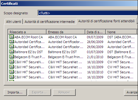 Viene visualizzato l archivio dei certificati già importati nel browser Internet Explorer.