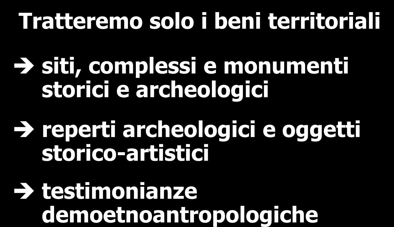 Tratteremo solo i beni territoriali siti, complessi e monumenti storici e