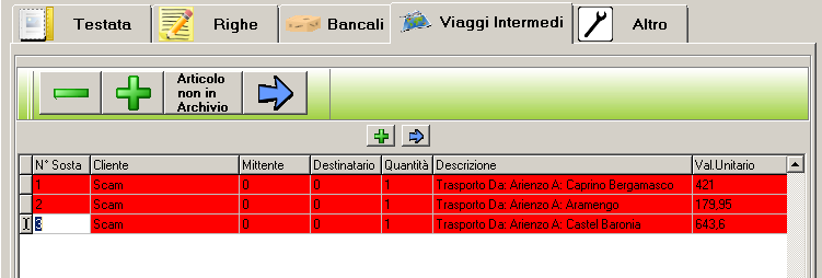 Viaggi Intermedi Vengono definiti in questa parte i viaggi intermedi che non creano l'importo della commessa ma che vengono