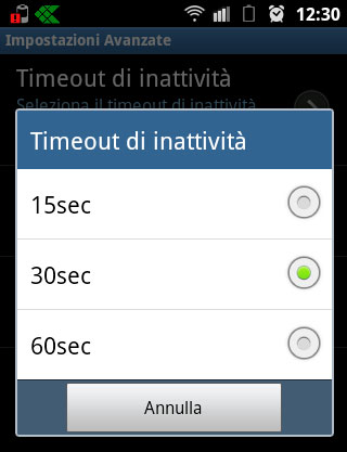 IMPOSTAZIONI AVANZATE Timeout di inattività 1. Premere il tasto MENU del proprio dispositivo. 2.