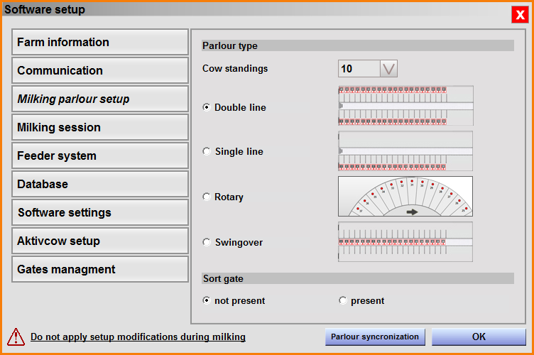 3.2.3 Configurazione della sala di mungitura Questo modulo deve impostare il tipo di sala di mungitura, il numero inserito nella mucca è il numero del posto di mungitura e non il numero della scheda