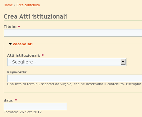 a) Inserisci atto istituzionale Dopo aver effettuato l'accesso inserendo login e password, si seleziona Inserisci atto istituzionale cliccandoci sopra Inserire il titolo (obbligatorio) Selezionare