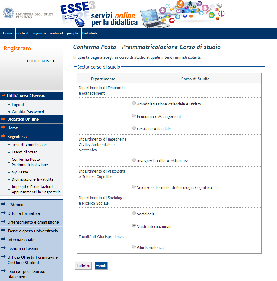 - verifica a questo punto che il corso di studio scelto sia corretto