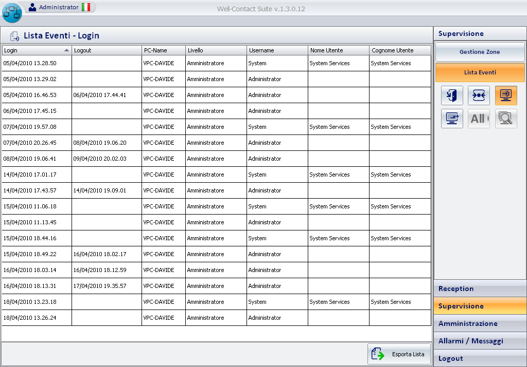 La lista Login In questa lista, come anticipato precedentemente, sono riportati tutti i dati riguardanti gli accessi al software Well-Contact Suite.