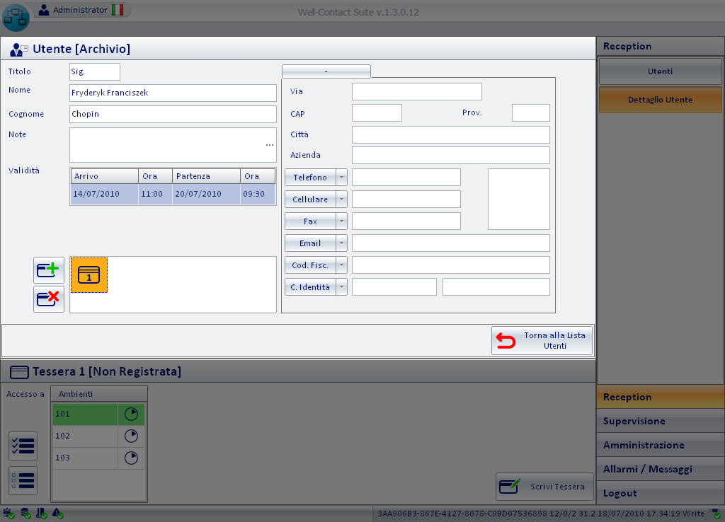 Area dei dati dell utente/validità accessi In quest area sono presenti i dati relativi all utente, al periodo di validità delle tessere di accesso e alle tessere associate, raggruppati in quattro