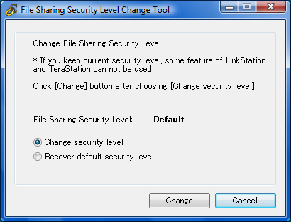 Appendice 2 1 Quando si apre la finestra [Change File Sharing Security Level] (Modifica livello protezione condivisione file), selezionare [Change security level] (Modifica livello protezione).