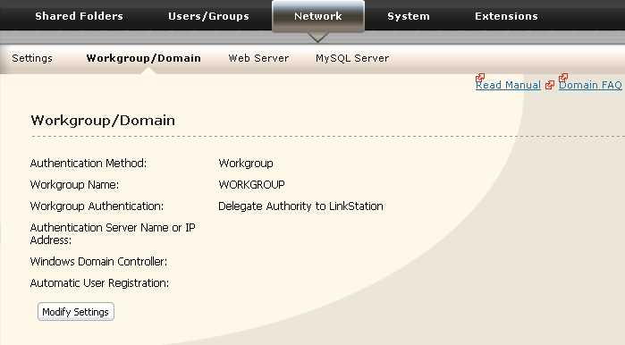 1 1 Nell'interfaccia Web Admin, fare clic su [Network] (Rete) - [Workgroup/Domain] (Gruppo di lavoro/dominio). 2 Fare clic su [Modify Settings] (Modifica impostazioni).