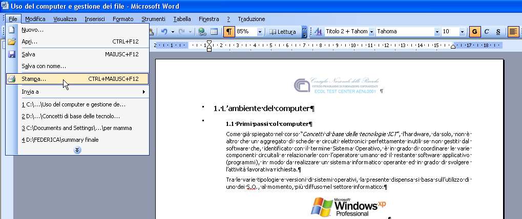 Essendo la procedura di stampa uguale per tutta la suite di office, viene preso come esempio la stampa di un documento word.