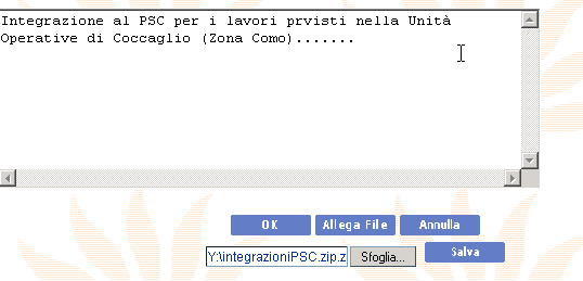 Selezionando la voce allega file compare la seguente maschera di selezione Figura 134 - integrazione PSC con associazione file Utilizzando il tasto sfoglia si ricerca il file da allegare sulle