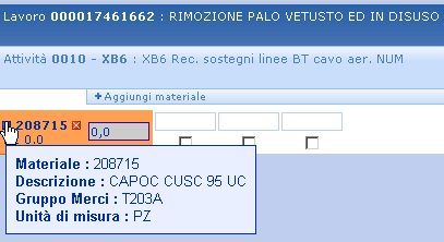 Figura 198 - visualizzazione materiale aggiunto Per interrompere l inserimento di un materiale non pianificato è sufficiente premere La quantità relativa al materiale aggiuntivo, invece, dovrà essere