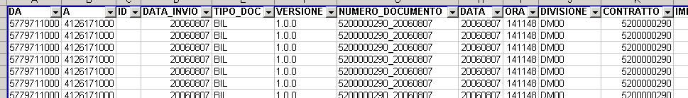 Premendo viene quindi presentato il foglio excel che contiene una riga di intestazione (con i nomi dei campi) e le righe successive contenenti le informazioni di dettaglio come di seguito