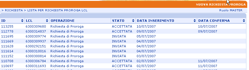 1.10.4 Richieste proroga Questa funzione consente di richiedere una proroga all Unità Enel che permetta di posticipare la data di fine validità della LCL.