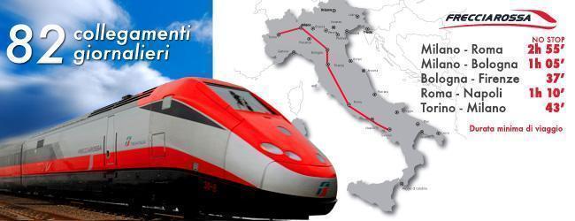 Frecciarossa Treni che percorrono la linea Alta Velocità tra Torino e Salerno viaggiando fino a 300 km/h con collegamenti veloci e frequenti 74 treni tra Milano e Roma 45 treni tra