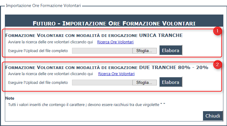 Si fa presente che esistono due diversi modelli di file CSV in funzione della modalità di erogazione della formazione prevista sui progetti.