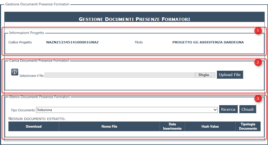 Figura 3 Maschera di gestione documenti presenze formatori La prima area è solo informativa e riporta alcuni dati anagrafici del progetto selezionato.