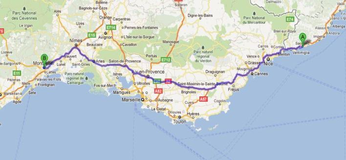 2 Giorno - Domenica 20 Maggio SANREMO-MONTPELLIER (Principato di Monaco Cannes) Totale 382 Km tempo stimato 4 ore 24 min.