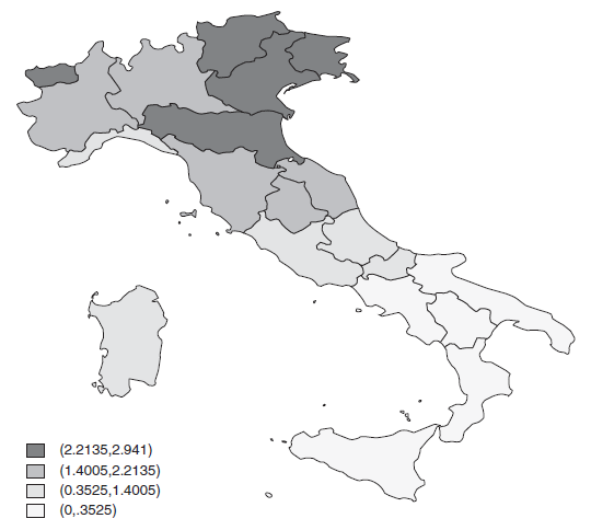 Capitolo 2. Capitale Sociale Figura 2.3: Capitale sociale delle regioni italiane, un colore più scuro indica un maggiore livello di potenziale capitale sociale. Fonte: Laursen et al.