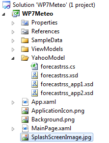 Il file cs con le classi veine generato come forecastrss_app2.cs. Tornate al vostro progetto, create una cartella chiamata YahooModel e importate al suo interno il file CS generato dopo averlo rinominato in forecastrss.