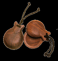 Castagnette Castagnette is a percussion instrument consisting of a pair of slightly concave shells of ivory or hardwood, held in the palm of the hand by a connecting cord over the thumb and clapped