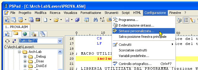 La messa a punto della personalizzazione da imporre al testo dei sorgenti ASM si completa selezionando dal menu in alto