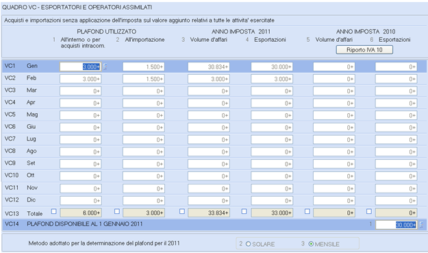 Il quadro è accessibile solo se l'azienda ha in anagrafica il test "Esportatore abituale" a "Si" ed è popolato automaticamente attraverso la lettura dei dati dalla tabella Prospetto Plafond, vedi