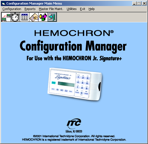 Menu I menu delle funzioni di HEMOCHRON Configuration Manager vengono visualizzati sulla parte superiore della finestra principale: Ciascun menu è descritto sotto.
