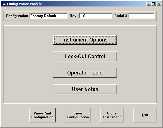 Impostazione delle opzioni di configurazione Quando si legge un file di configurazione esistente o ne viene caricato uno da uno strumento, appare la finestra di dialogo Configuration Module.