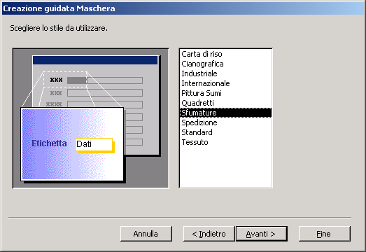 Creare una maschera Fare clic sul pulsante Avanti Si arriva nella finestra dove