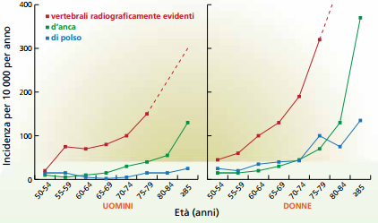 000 di persone, di cui 80% sono donne in post-menopausa (**) Nel mondo, 1 persona su 4 di razza caucasica sopra i 50 anni è soggetta a frattura vertebrale osteoporotica (***) Incidenza età-specifica