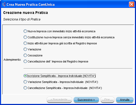 6. PROCEDURE PER L ISCRIZIONE DI IMPRESA INDIVIDUALE PROCEDURA SEMPLIFICATA Iscrizione Per le Imprese Individuali, l applicativo ComUnica, contiene una semplificazione non irrilevante, in quanto