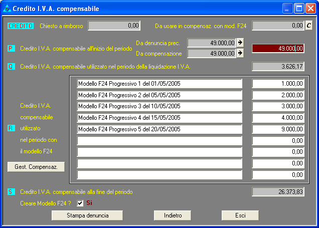 Nella videata relativa alla gestione della compensazione verranno visualizzati i seguenti dati: Totali Crediti (esclusa compensazione attuale): iniziale, utilizzato, residuo.