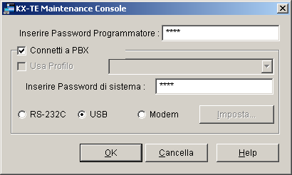 3.2 Collegamento 3.2.2 Avvio della Consolle di manutenzione KX-TE per la prima volta Quando si avvia la Consolle di manutenzione KX-TE con il codice di programmatore di livello installazione e si