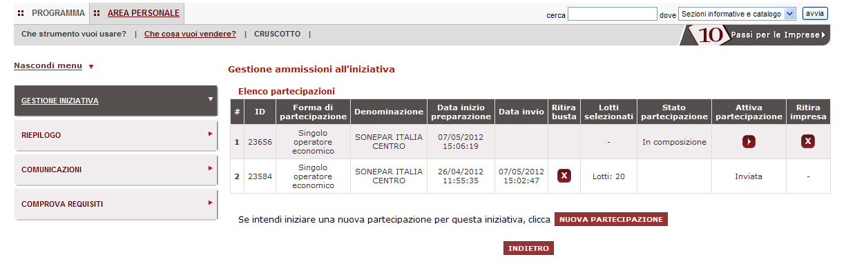 10. GESTIONE INIZIATIVA Nel menù di sinistra presente nella singola procedura, è disponibile la funzione GESTIONE INIZIATIVA (a partire dall avvio della predisposizione della domanda di