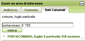 Posizionamento per Dati catastali: Nel caso si visualizzi la carta del Comune di Torino, se si utilizzano i riferimenti catastali si ottengono i medesimi risultati descritti sopra, inserendo in