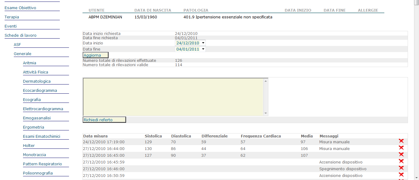 Quando compaiono le rilevazioni pressorie dell intero monitoraggio procedere all inserimento nel campo note: delle notizie