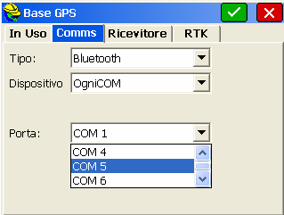 2.1.1.2 Impostare i parametri di comunicazione tra ricevitore e palmare PDA Le impostazioni prevedono due soluzioni di collegamento del dispositivo al ricevitore: Cavo o Dispositivo Bluetooth.