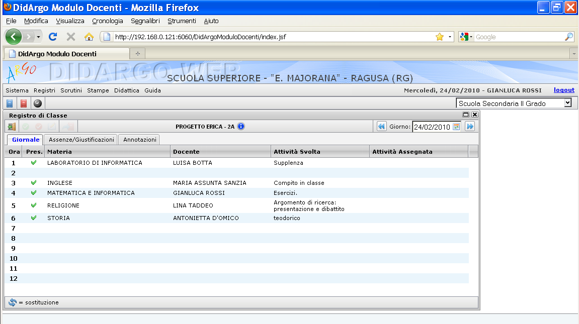 La finestra del registro di classe è composta da tre schede, di cui una a visione giornaliera e le altre a visione settimanale.