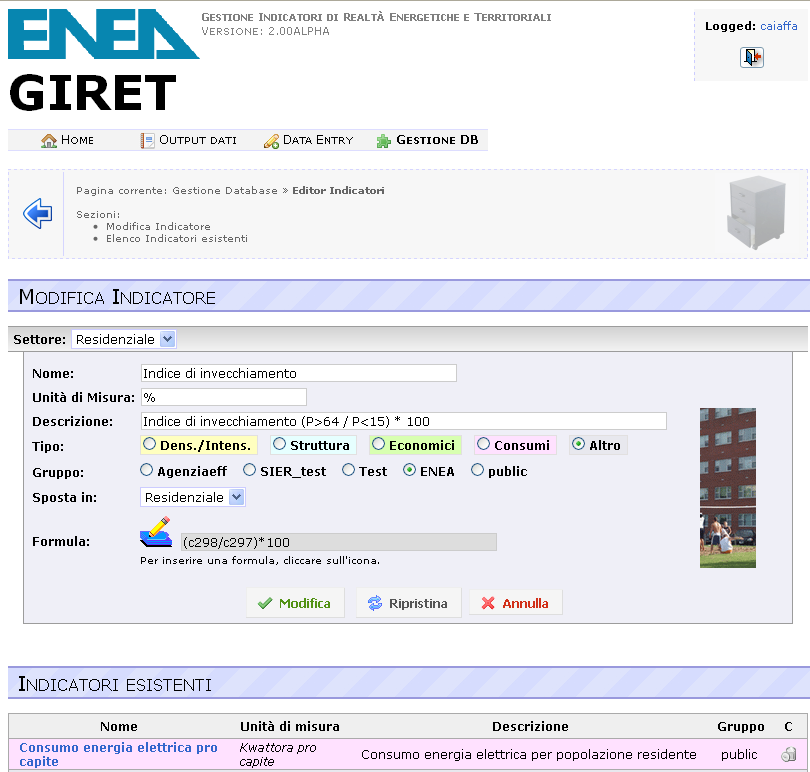 creazione degli indicatori avviene utilizzando il percorso, GESTIONE DB-> INDICATORI, mostrato nella finestra di Figura 5.