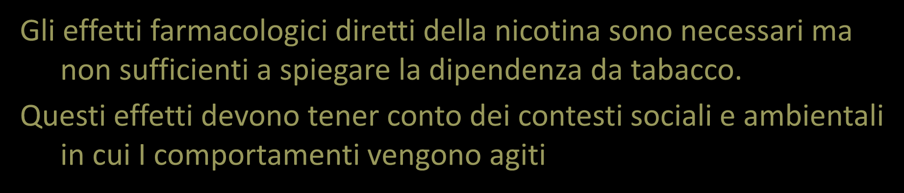 LE CUES AMBIENTALI Gli stimoli ambientali e sociali giocano un ruolo di rinforzo nella dipendenza da nicotina Gli stimoli non-nicotinici sono importanti sia nel mantenimento dell astinenza che nel